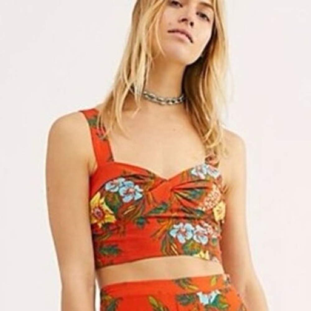 Free People Birds Of Paradise Orange Floral Cropped Tank Top Bohemian